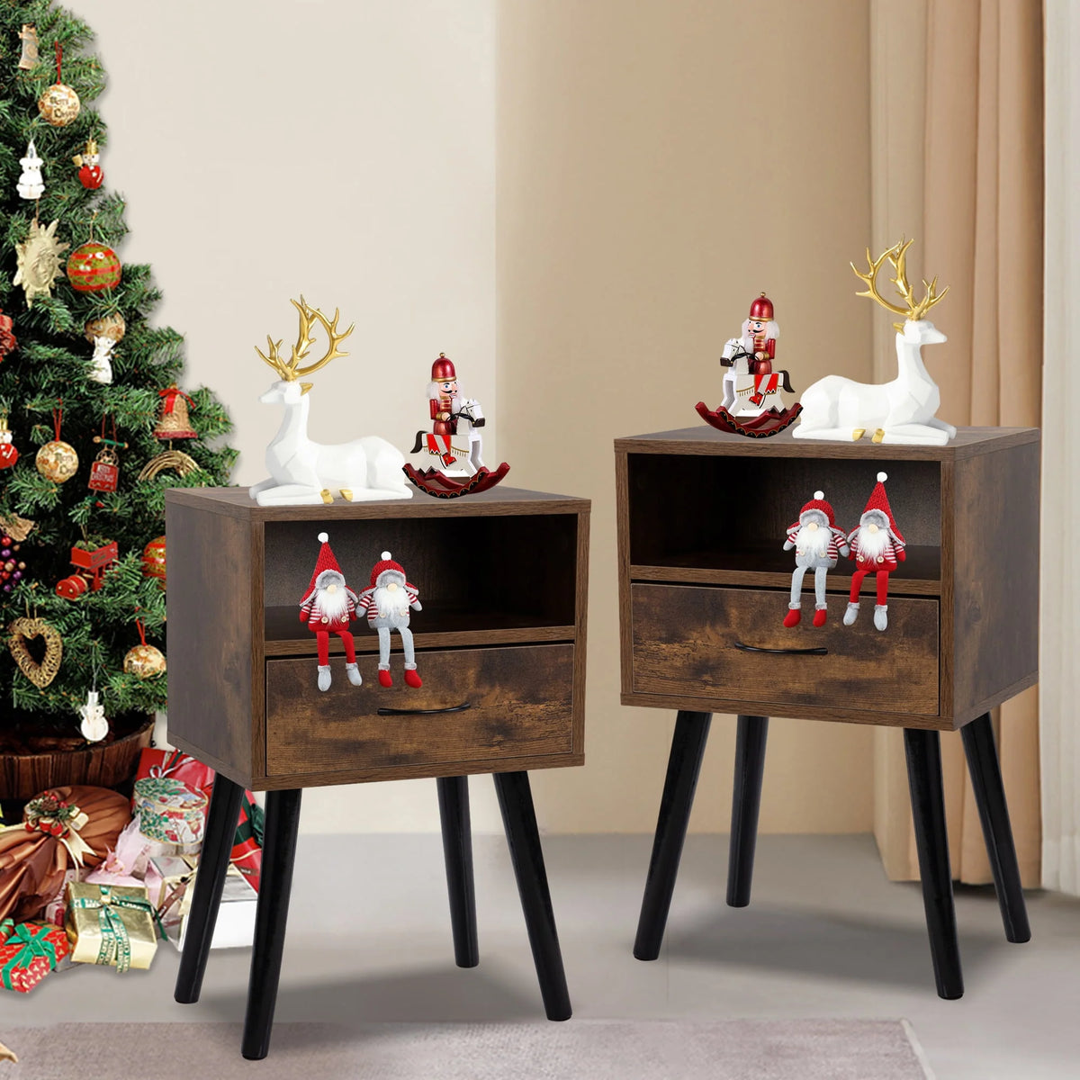 Set of 2 Nightstand with Drawer and Shelf, Wood Frame and Metal Legs, Brown R60430