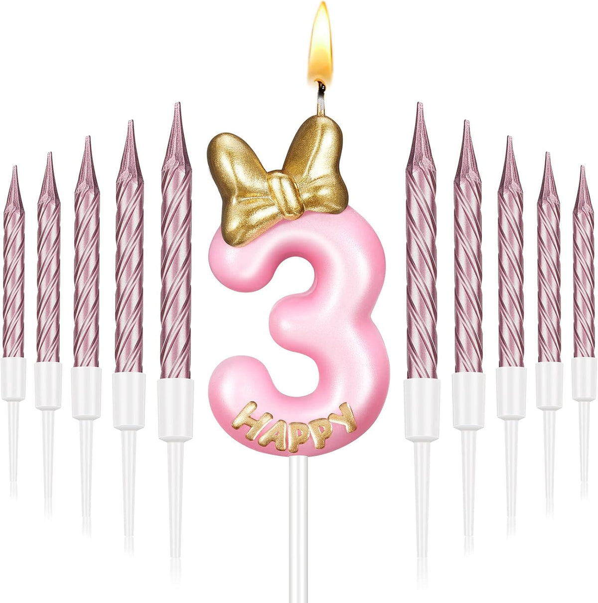 Pink Number 3 Birthday Candle with 10 Pieces Rose Gold Candles H906