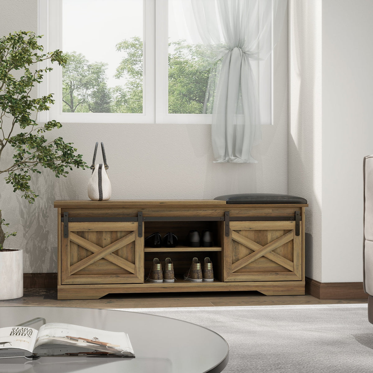 Brown Shoe Storage Bench with Cushion and Doors L82573