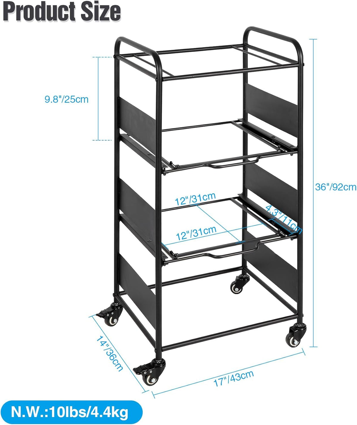 3-Tier Metal Rolling File Cart with Wheels, Black L259392