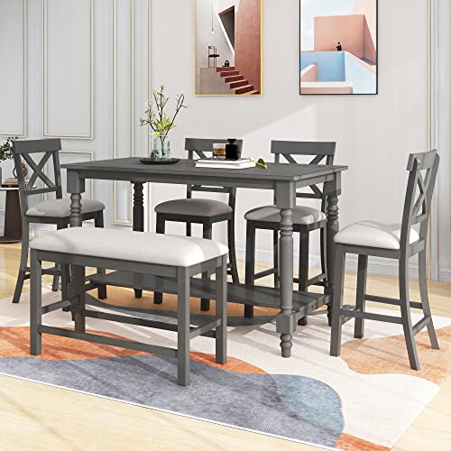 6-Piece Counter Height Table with Shelf 4 Chairs and Bench Gray I7314