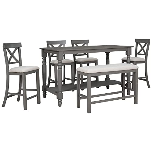 6-Piece Counter Height Table with Shelf 4 Chairs and Bench Gray I7314