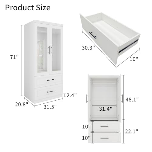 White 3 Door Armoire Wardrobe Closet with Mirror and 2 Drawers M997