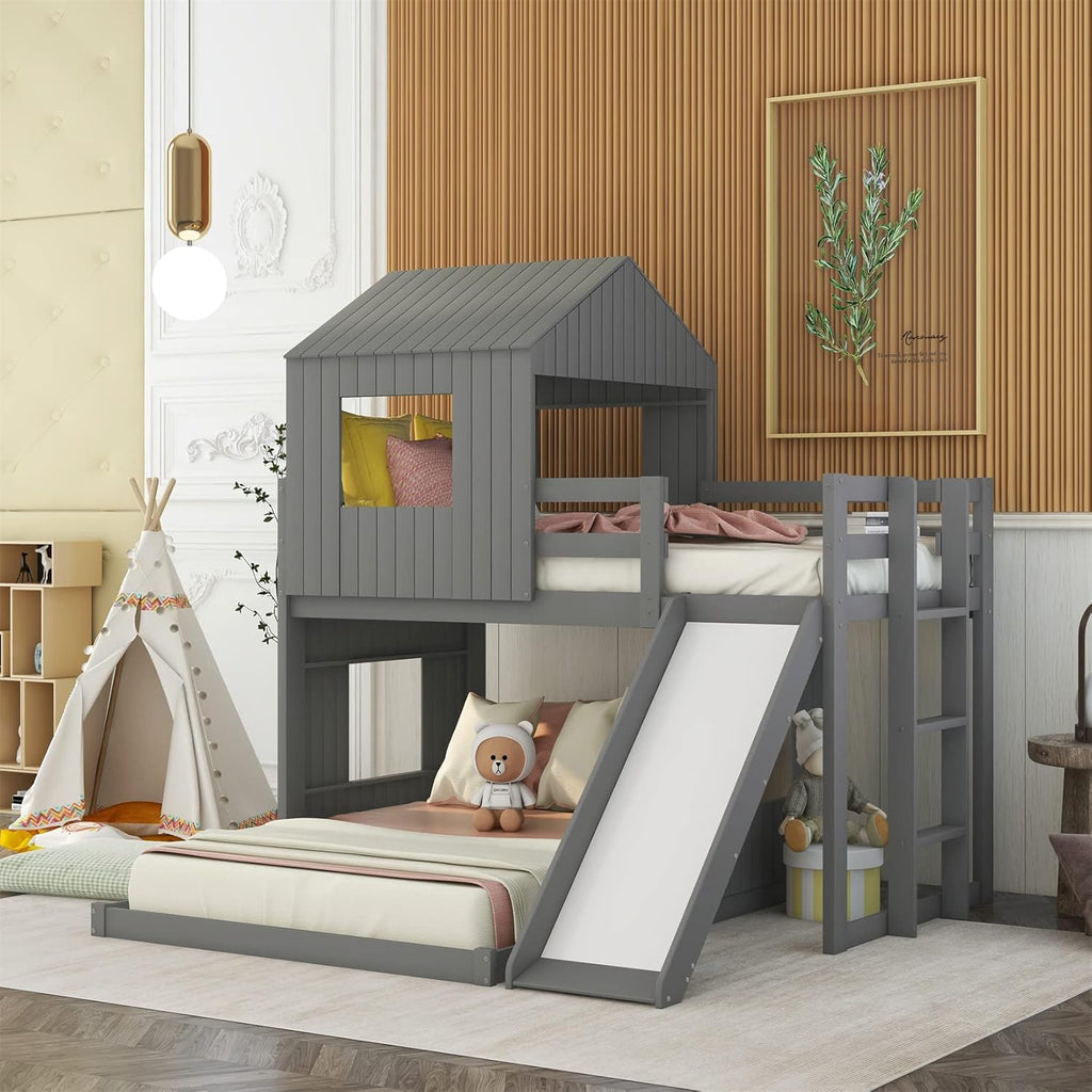 White Twin Over Twin Wood Bunk Bed with Slide and Storage Staircase Y3206