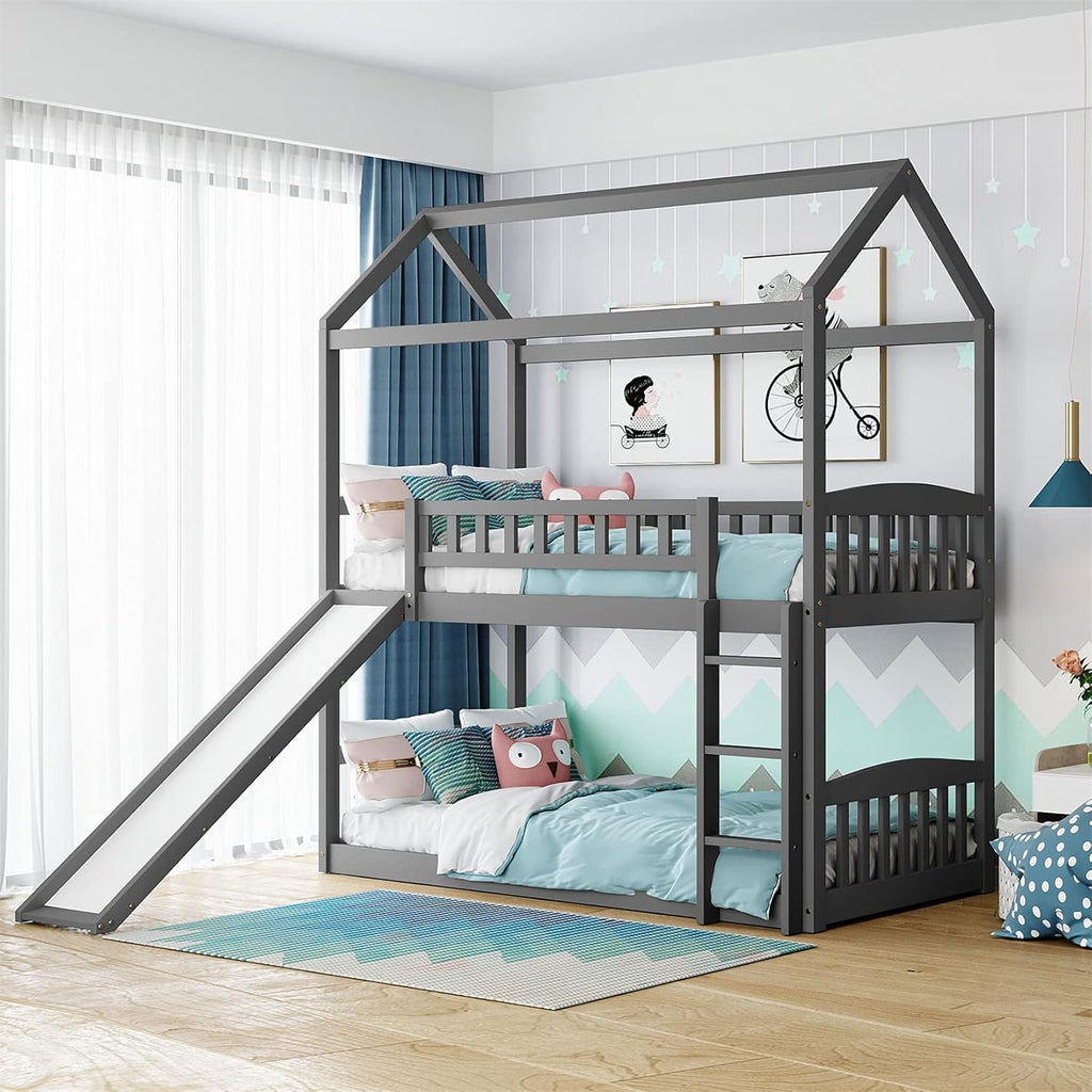 White Twin Over Twin Wood Bunk Bed with Slide and Storage Staircase Y3206