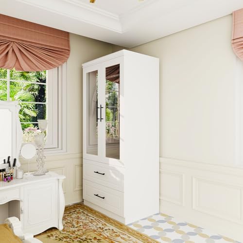 White 3 Door Armoire Wardrobe Closet with Mirror and 2 Drawers M997