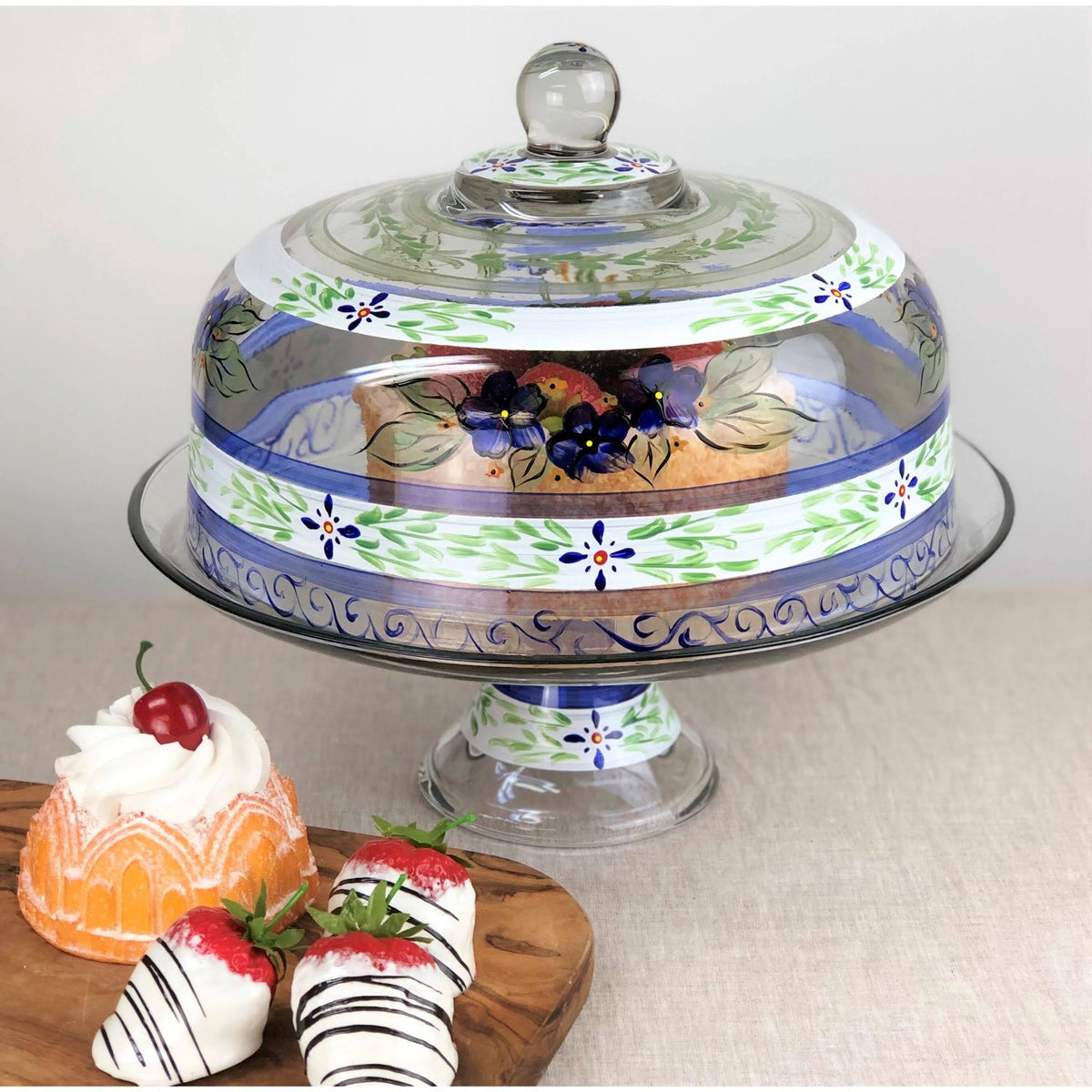 Blue Floral Hand Painted Glass Large Cake Dome L306