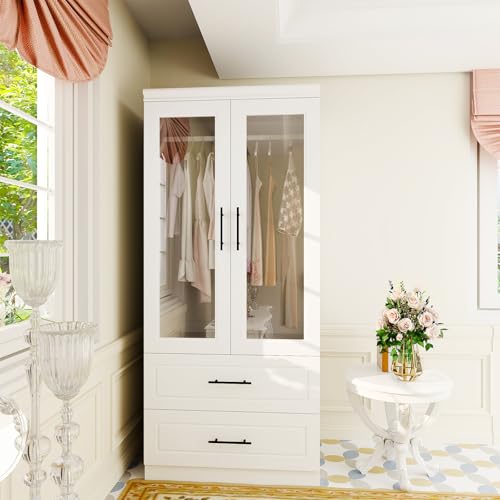 White 3 Door Armoire Wardrobe Closet with Mirror and 2 Drawers M997