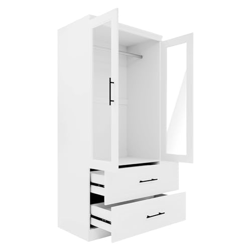 White 3 Door Armoire Wardrobe Closet with Mirror and 2 Drawers M997