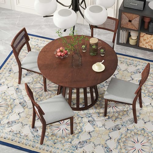 5-Piece Wood Dining Table Set with 4 Upholstered Chairs, Walnut P972177