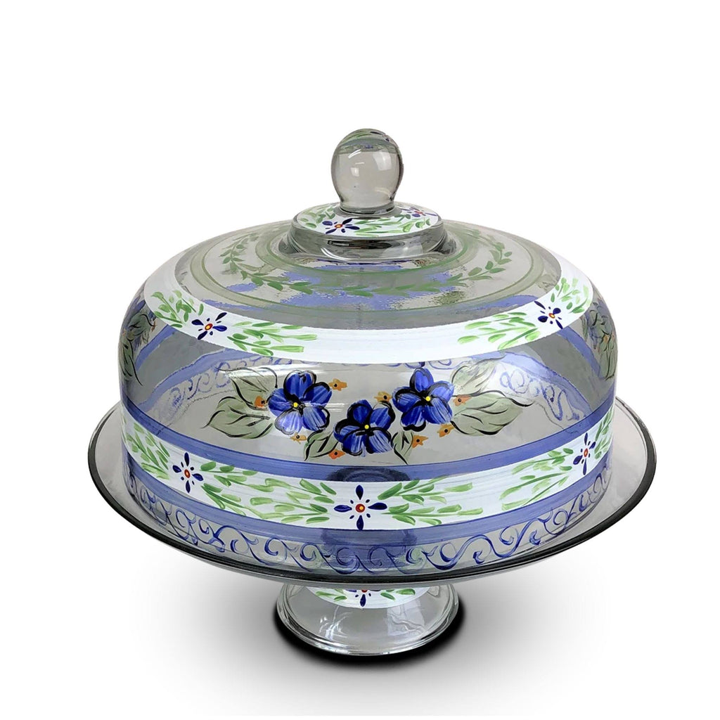 Blue Floral Hand Painted Glass Large Cake Dome L306