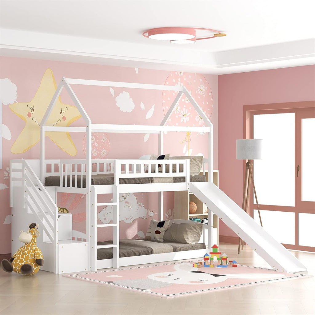 White Twin Over Twin Wood Bunk Bed with Slide and Storage Staircase Y3206
