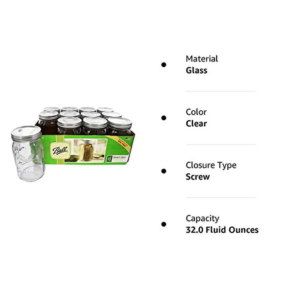 Clear 32 Ounce Quart Jar Set of 12 O553