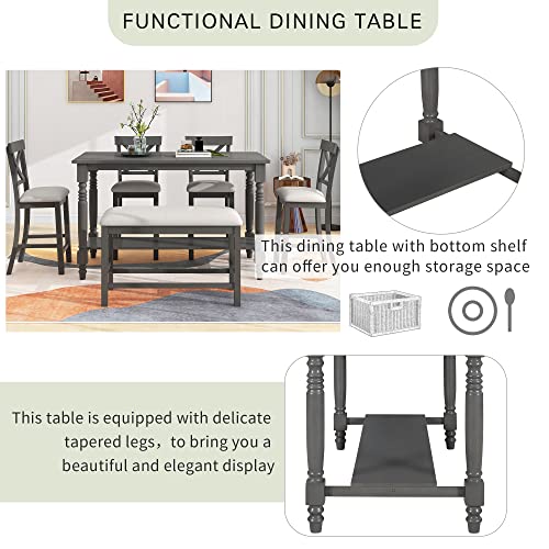 6-Piece Counter Height Table with Shelf 4 Chairs and Bench Gray I7314