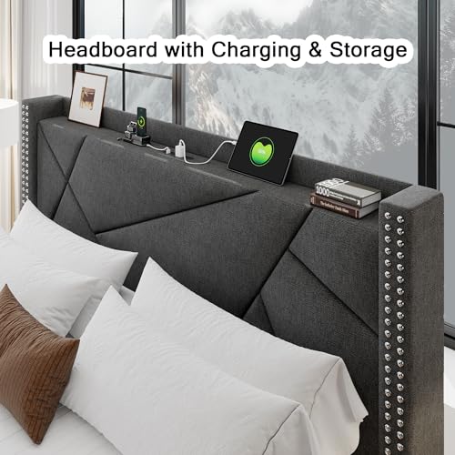 Light Grey Queen Bed Frame with 4 Storage Drawers Y837589