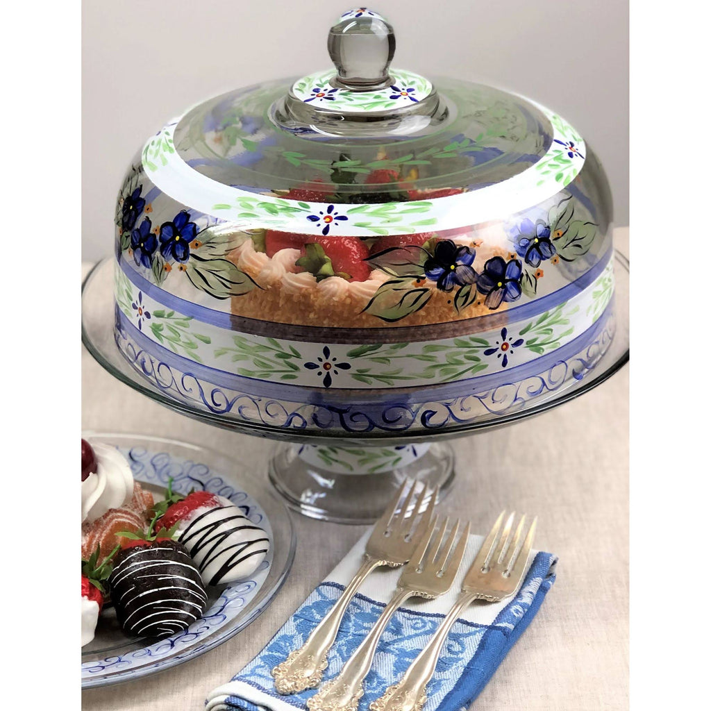 Blue Floral Hand Painted Glass Large Cake Dome L306