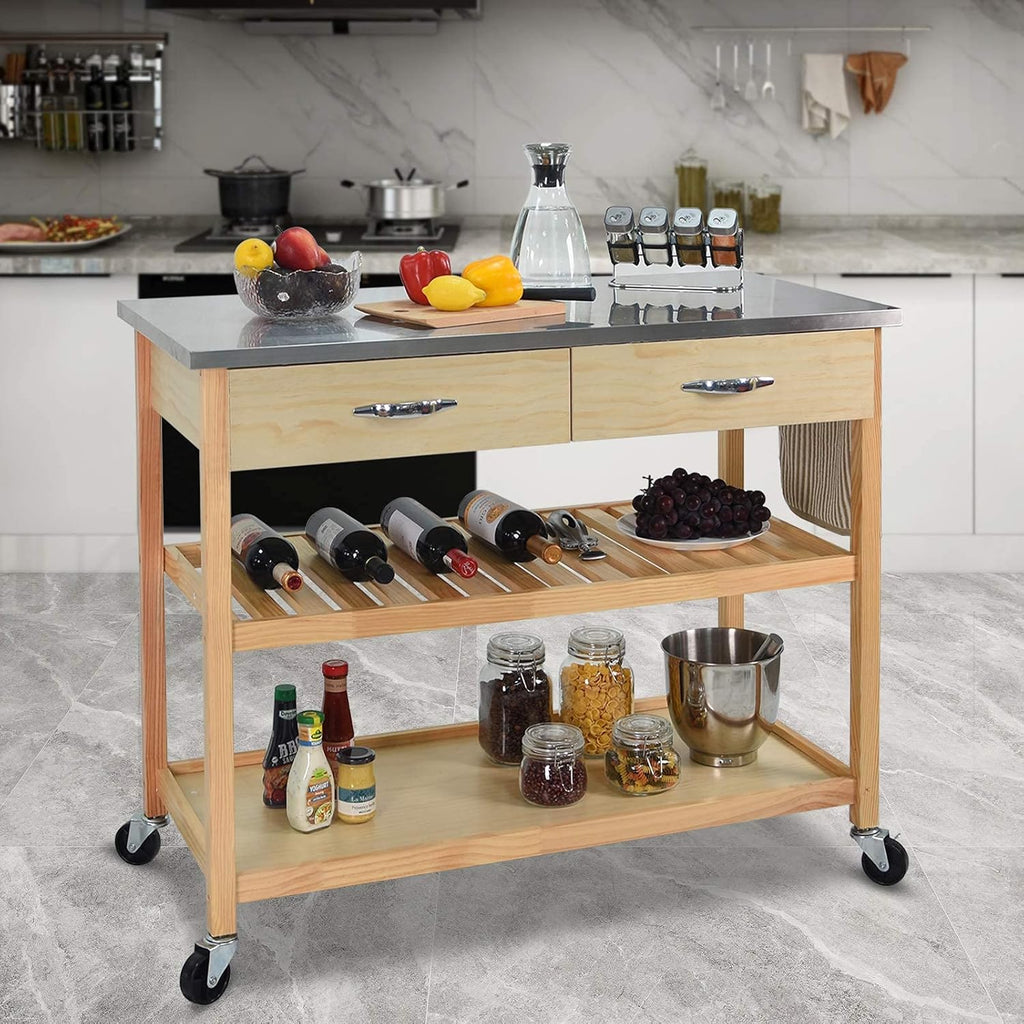 Kitchen Island Cart with Wheels Stainless Steel Counter Top 3 Tier Rolling A6754