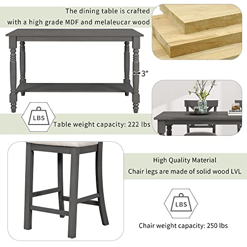 6-Piece Counter Height Table with Shelf 4 Chairs and Bench Gray I7314
