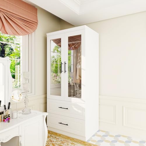 White 3 Door Armoire Wardrobe Closet with Mirror and 2 Drawers M997