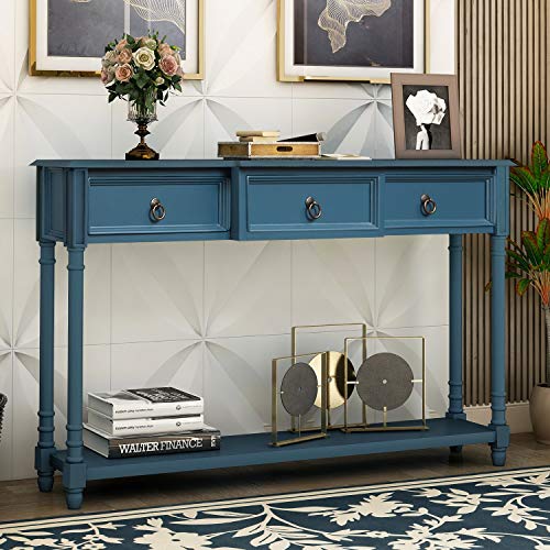 Antique Navy Narrow Console Sofa Table with Drawers and Long Shelf K3111