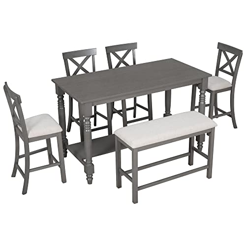 6-Piece Counter Height Table with Shelf 4 Chairs and Bench Gray I7314