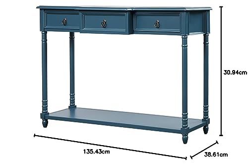 Antique Navy Narrow Console Sofa Table with Drawers and Long Shelf K3111