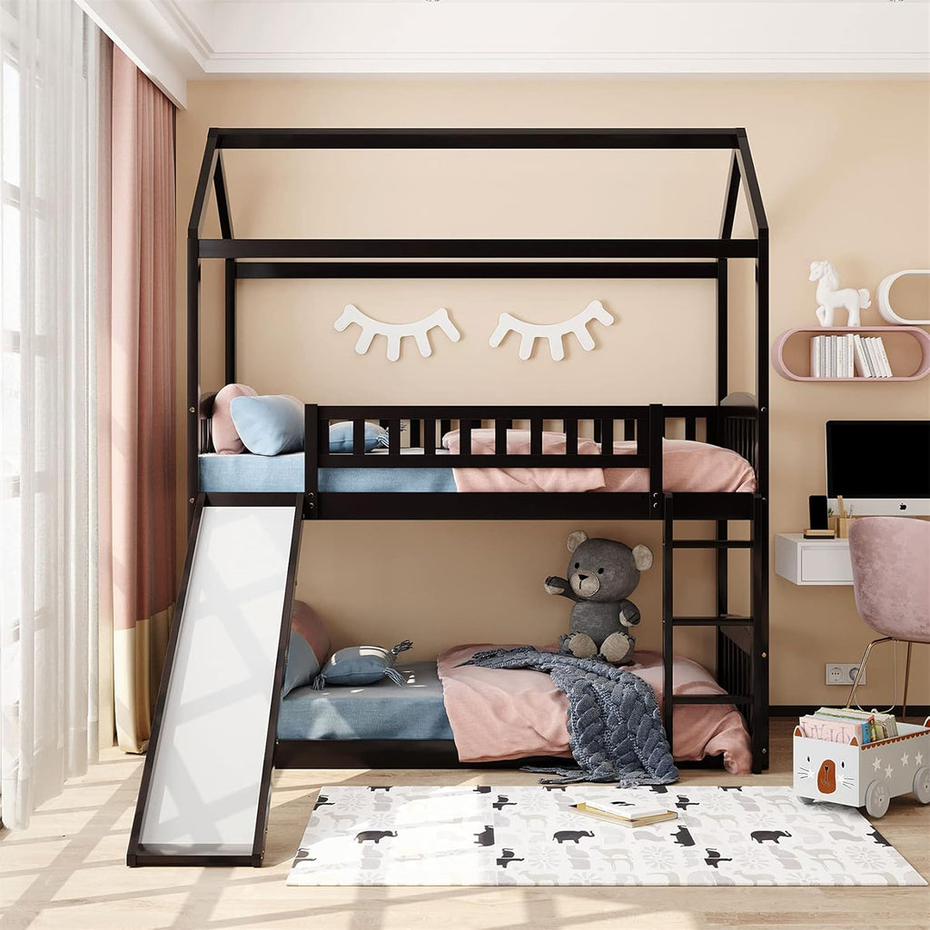 White Twin Over Twin Wood Bunk Bed with Slide and Storage Staircase Y3206
