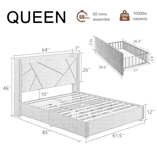 Light Grey Queen Bed Frame with 4 Storage Drawers Y837589