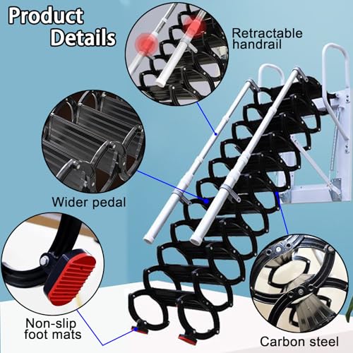 Black 12 Steps Wall-Mounted Folding Attic Stairs with Handrails W9203