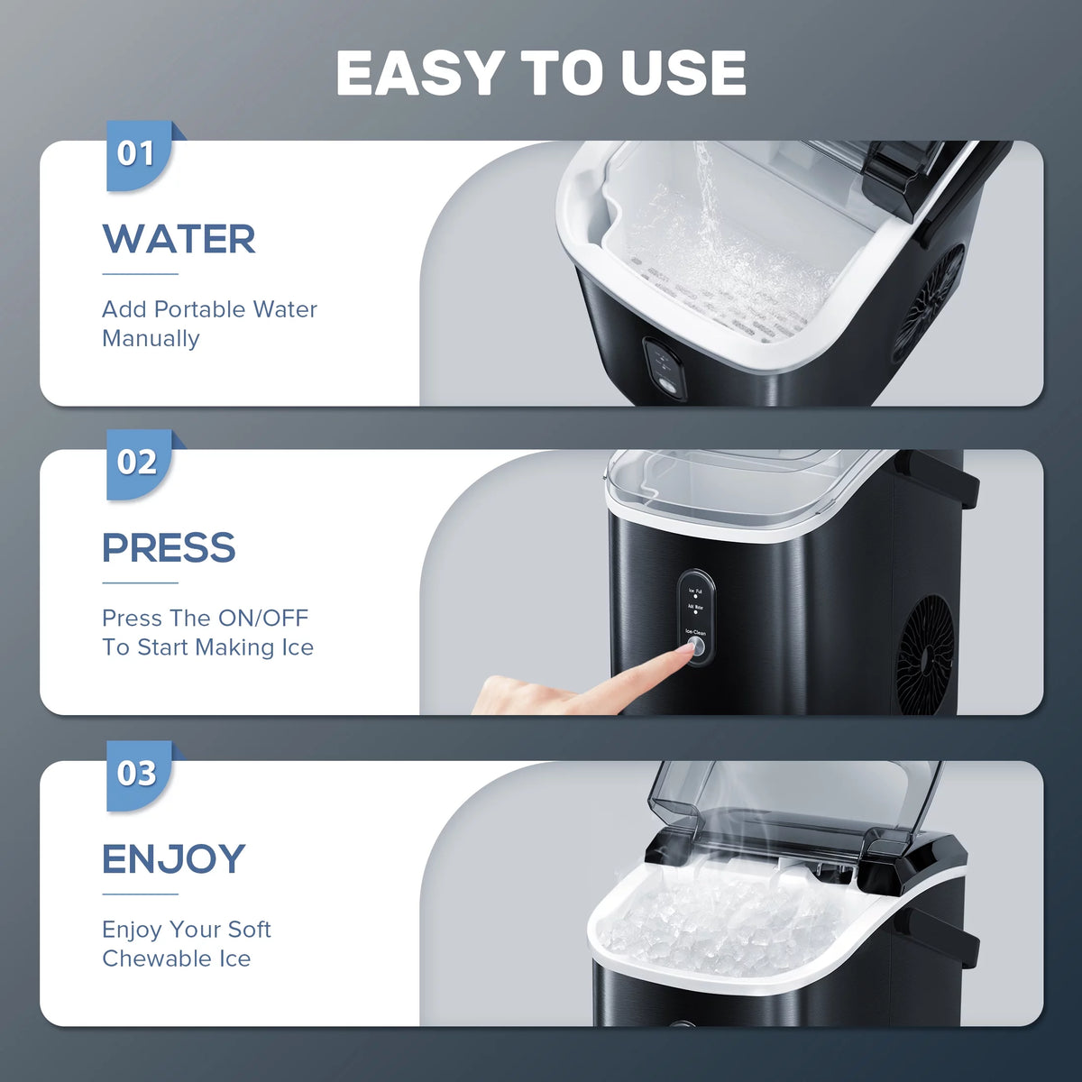Nugget Ice Maker Countertop with Soft Chewable Pellet Ice, 33lbs/24H, Self-Cleaning, Stainless Steel, Black D5132