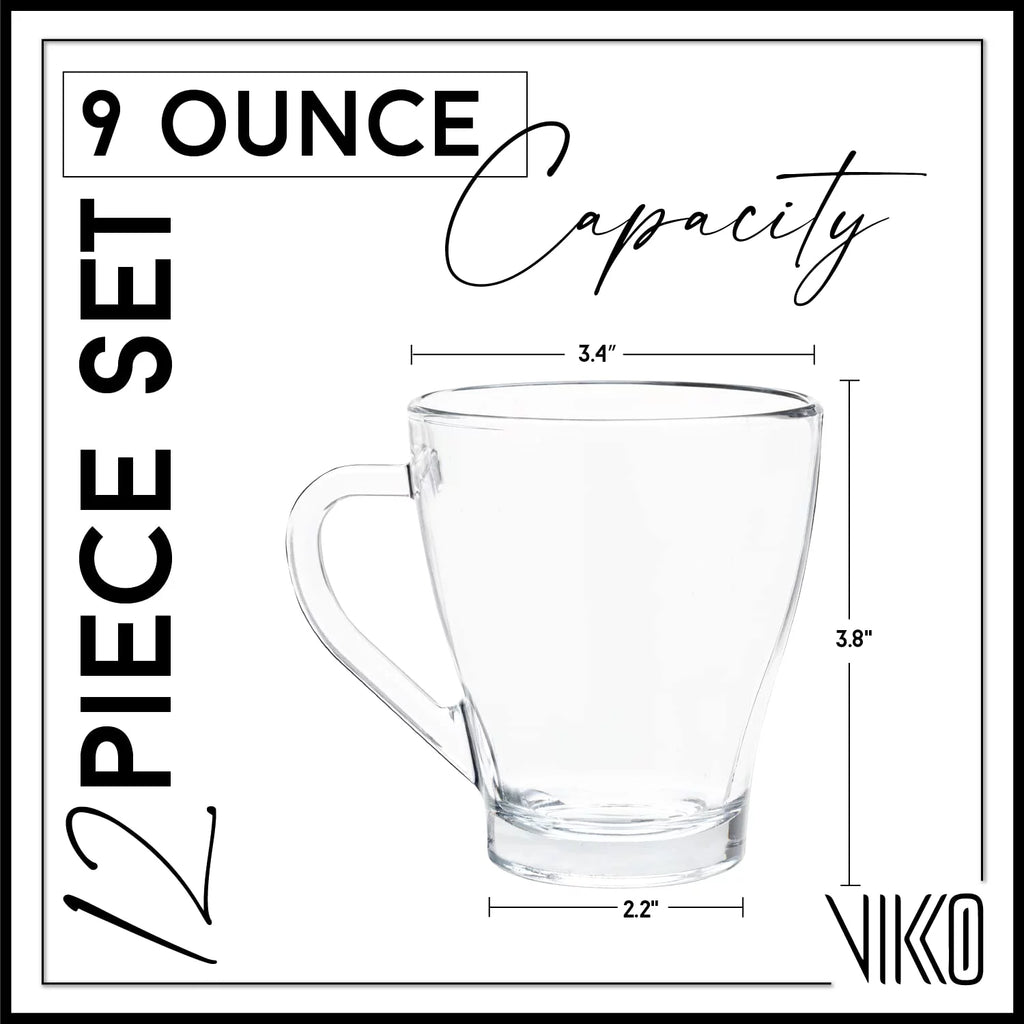 9 Ounce Glass Coffee Mugs, Microwave and Dishwasher Safe, Set of 12 Clear Glass Mugs A43688