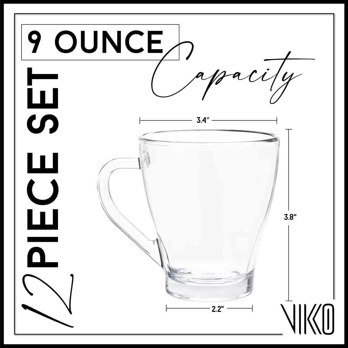 9 Ounce Glass Coffee Mugs, Microwave and Dishwasher Safe, Set of 12 Clear Glass Mugs A43688