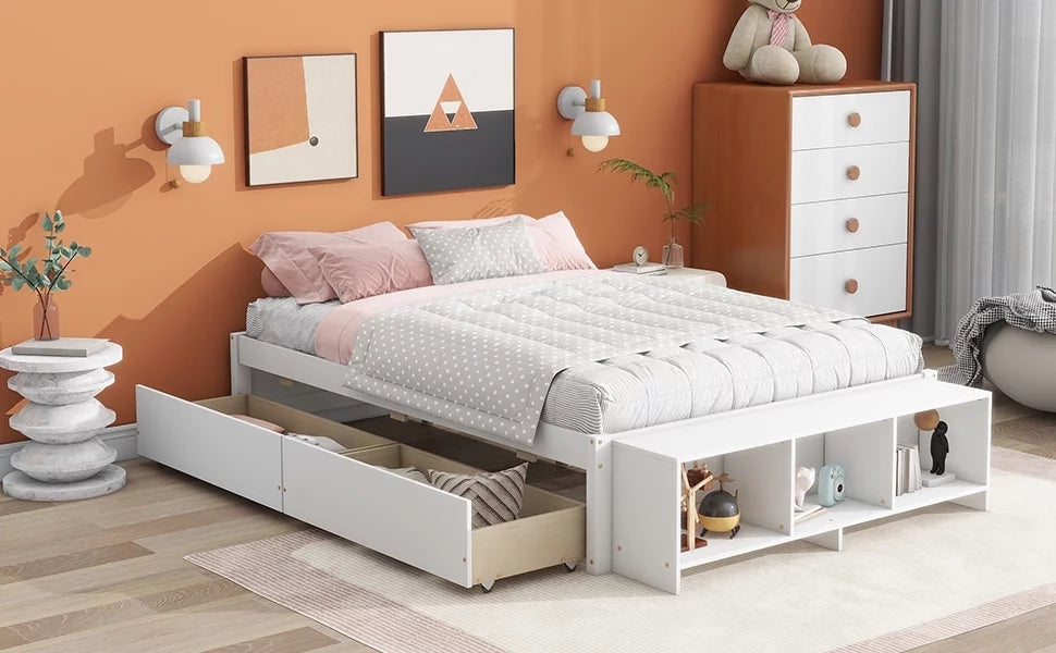 White Full Size Platform Bed with Storage Shelves and Drawer V221894