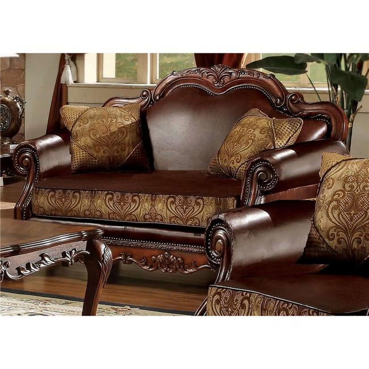Loveseat with 2 Pillows - Brown PU & Chenille, Cherry Oak Q28514