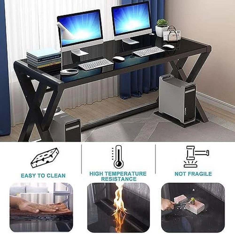 Glass Top X-Frame Metal Computer Desk 55.1 inches D210