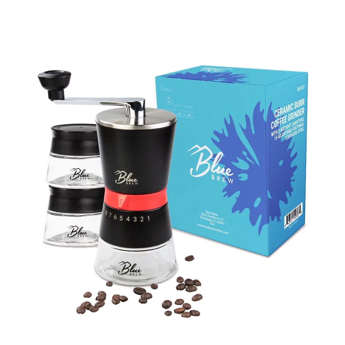 Manual Coffee Grinder with Conical Ceramic Burrs and 2 Airtight Glass Jars H8127