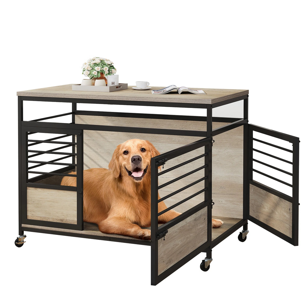 Grey Wooden Dog Crate Furniture with Wheels W417