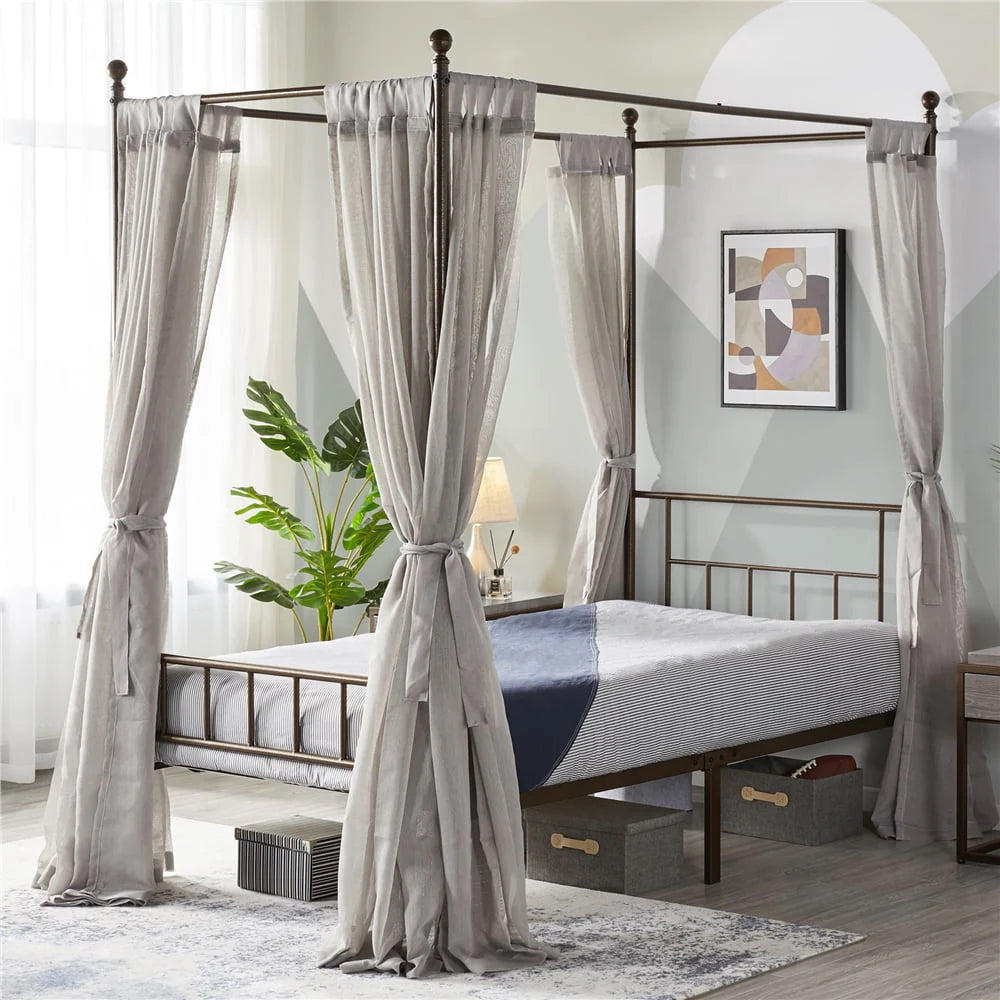 White Twin Metal Canopy Bed Frame with Headboard and Footboard E1617