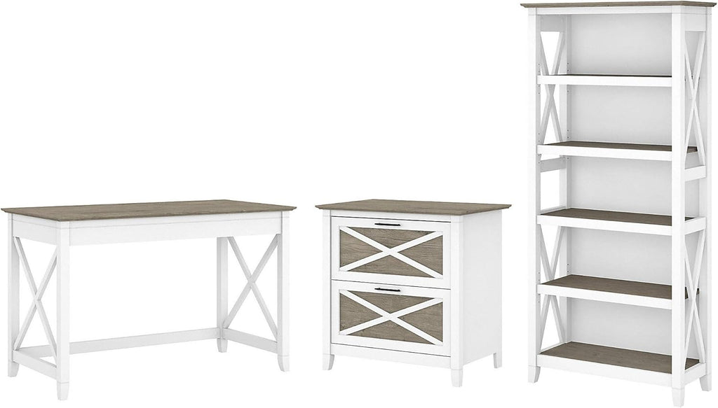Key West Writing Desk with 2 Drawer Lateral File Cabinet and 5 Shelf Bookcase, 48W, Reclaimed Pine R729