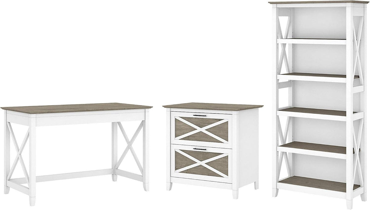 Key West Writing Desk with 2 Drawer Lateral File Cabinet and 5 Shelf Bookcase, 48W, Reclaimed Pine R729