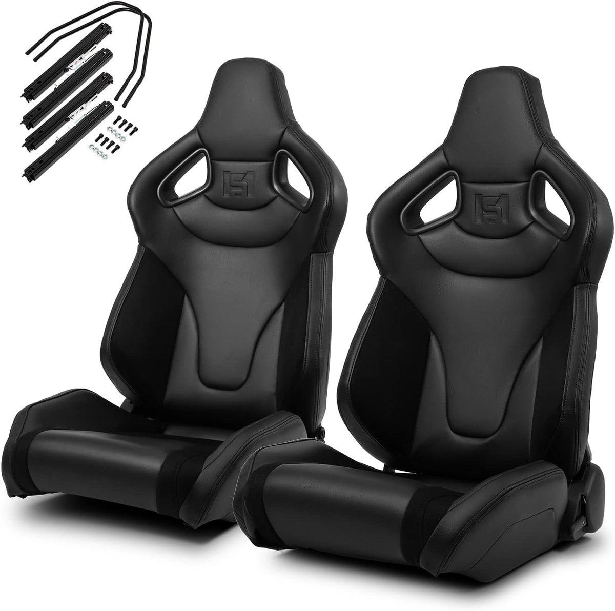1 Pair Universal Black Carbon Fiber Leather PVC Racing Seats with Slider R8532