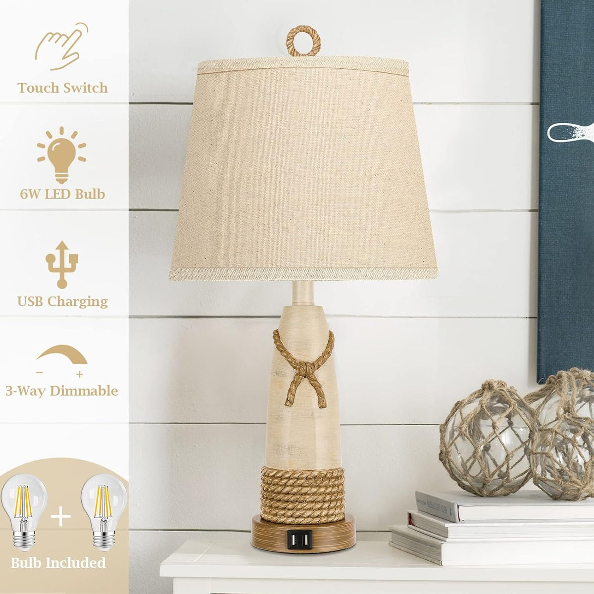 Set of 2 Dimmable Touch Lamps with USB Ports, Resin Nautical Drum Shade A708