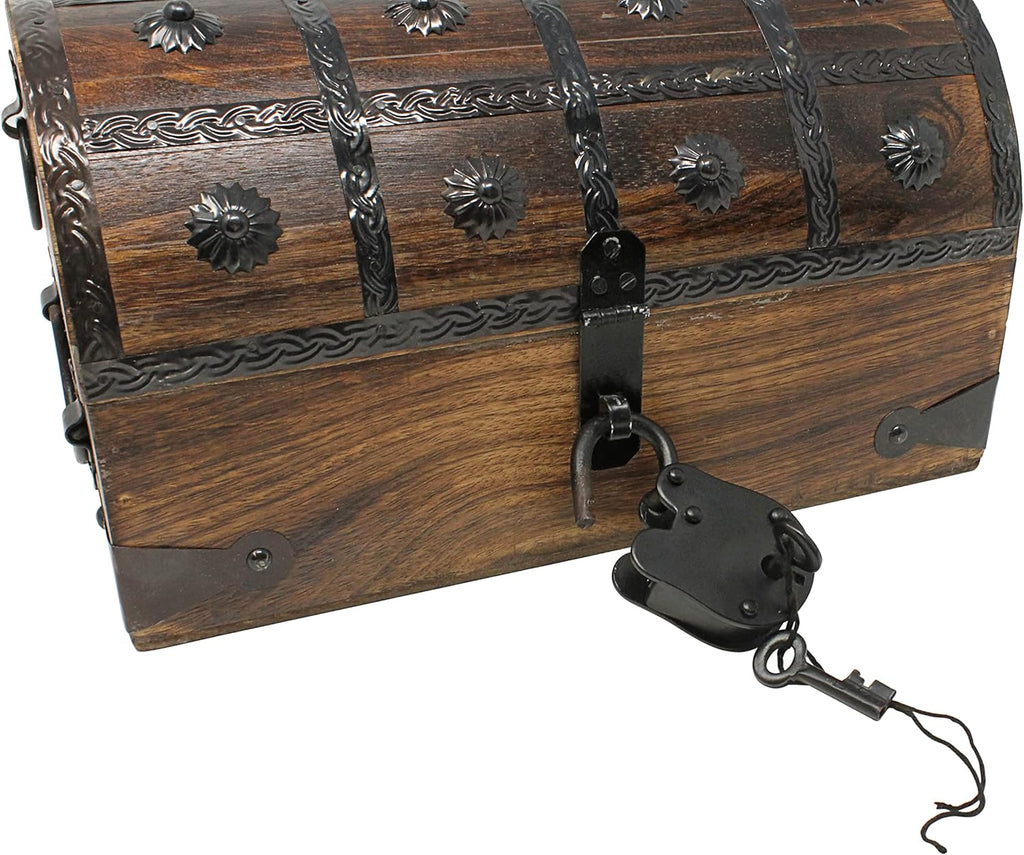 Pirate Treasure Chest with Iron Lock and Skeleton Key Wooden Storage Box A84938