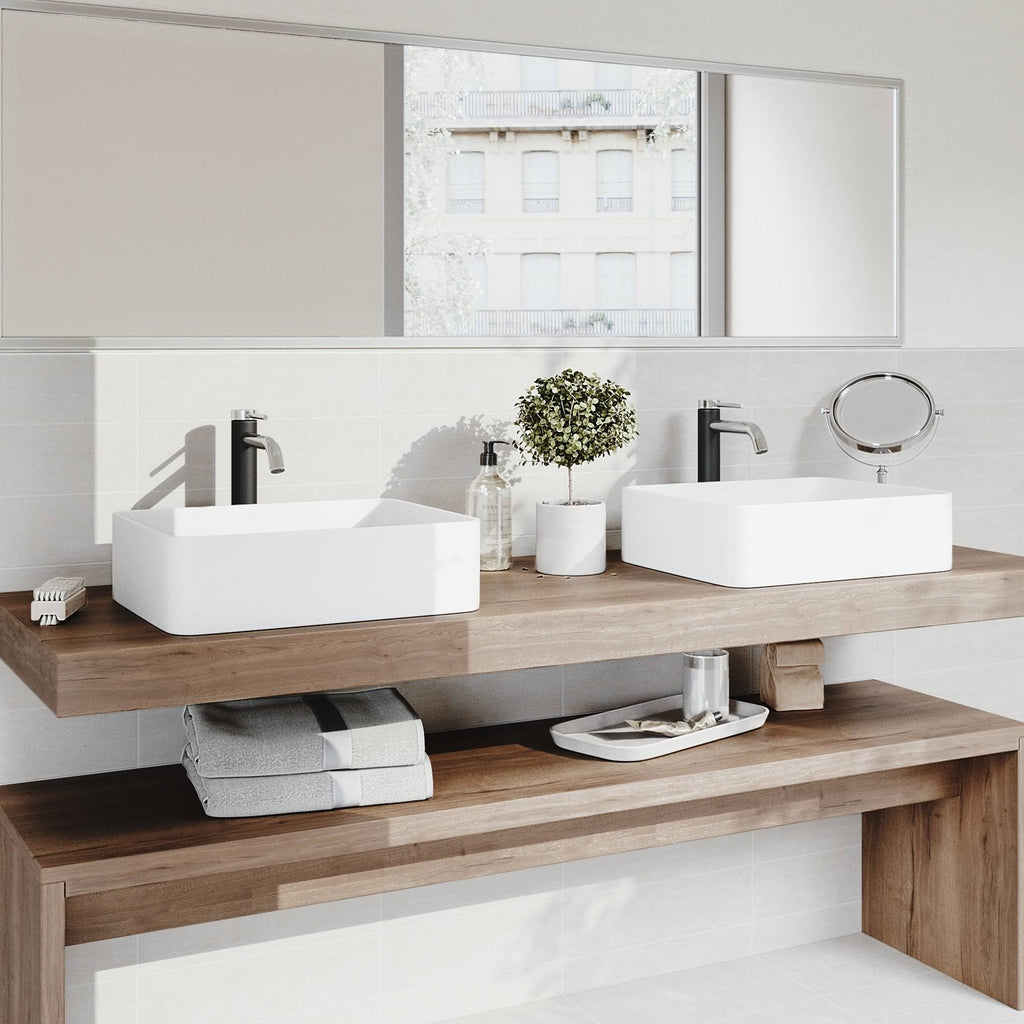 White Rectangular Vessel Bathroom Sink with Chrome Faucet and Pop-Up Drain D8695