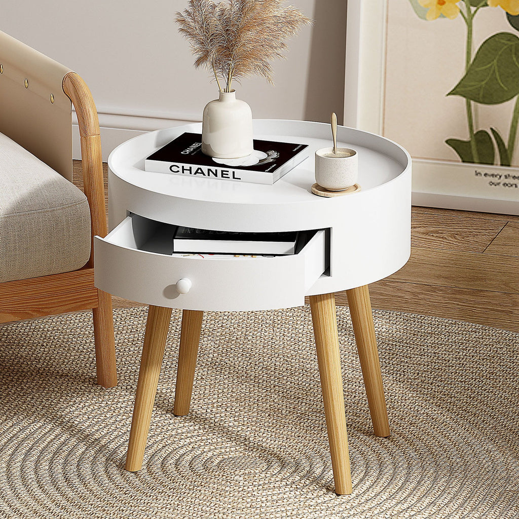 Modern Coffee Table with Drawer, Wood Legs, White, 18" H S74399