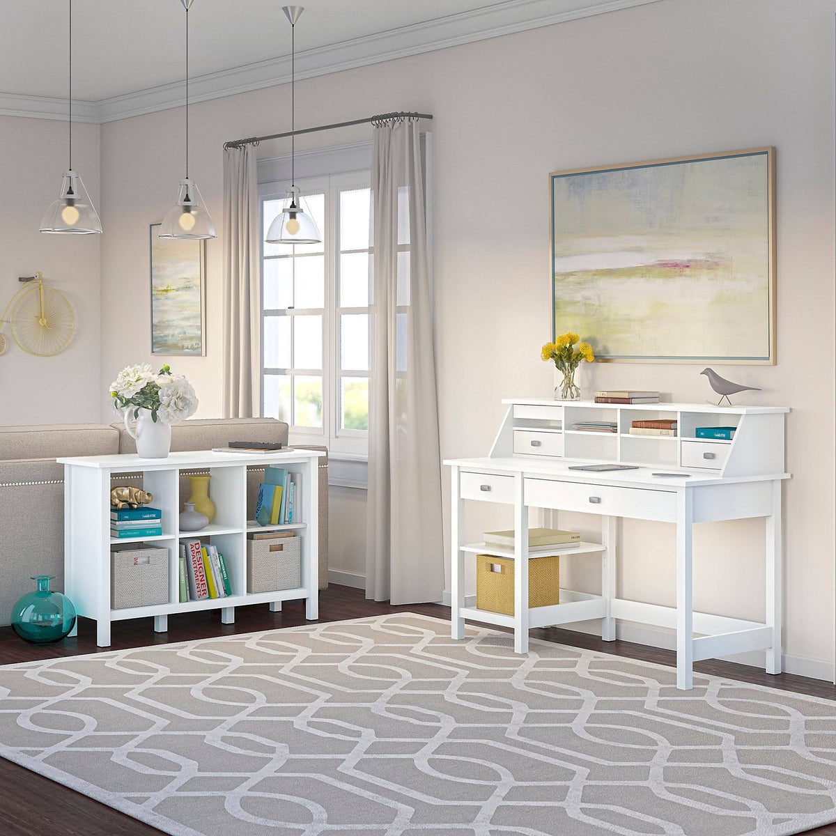 Pure White Computer Desk with Bookcase and Organizer J2032