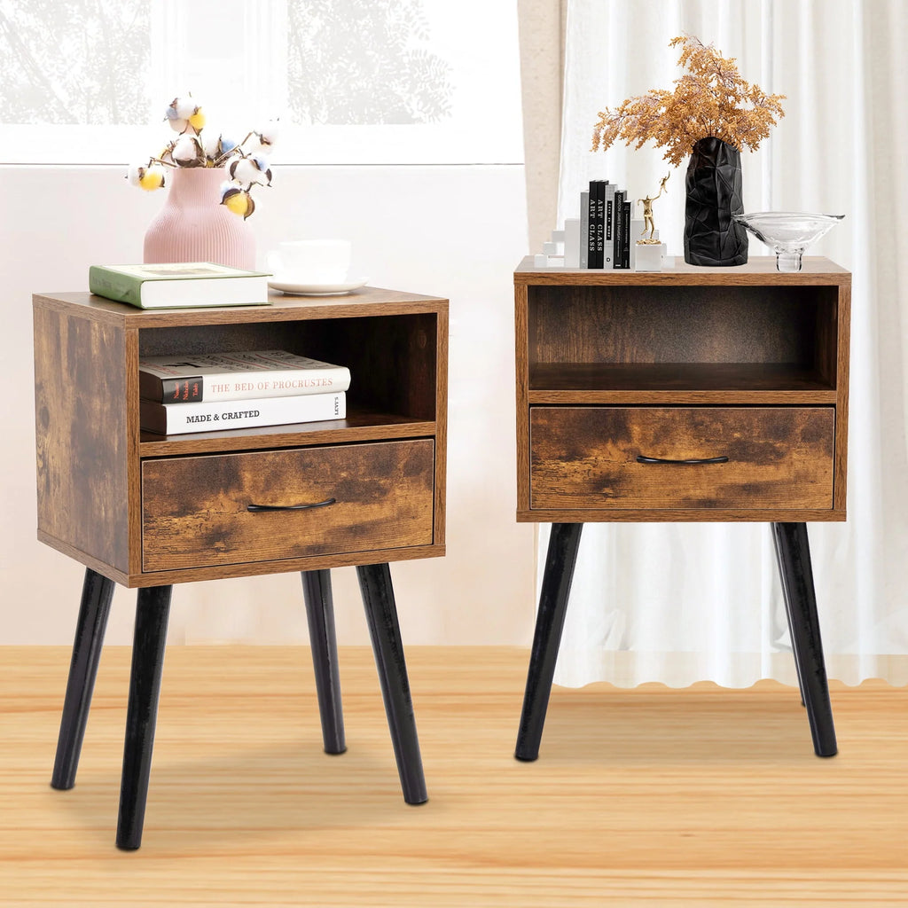 Set of 2 Nightstand with Drawer and Shelf, Wood Frame and Metal Legs, Brown R60430