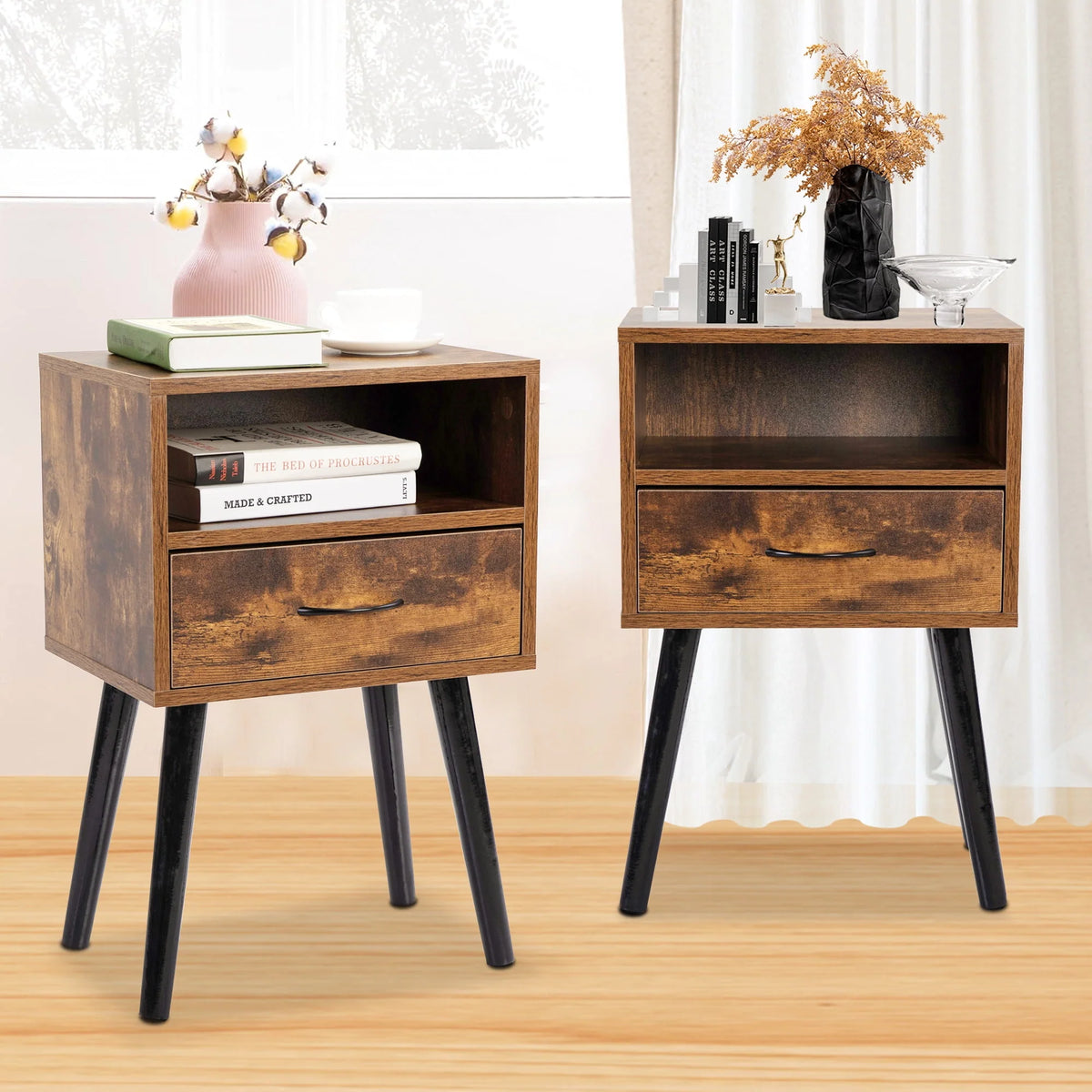 Set of 2 Nightstand with Drawer and Shelf, Wood Frame and Metal Legs, Brown R60430
