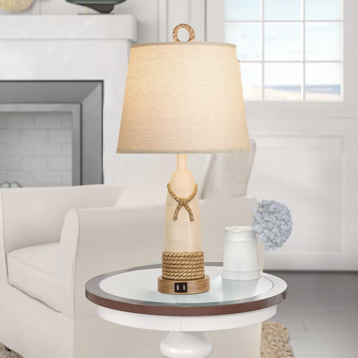 Set of 2 Dimmable Touch Lamps with USB Ports, Resin Nautical Drum Shade A708