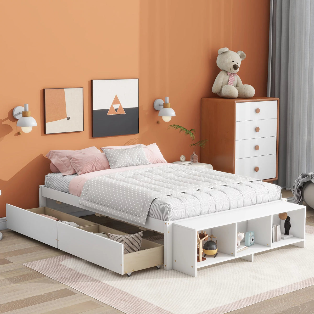 White Full Size Platform Bed with Storage Shelves and Drawer V221894